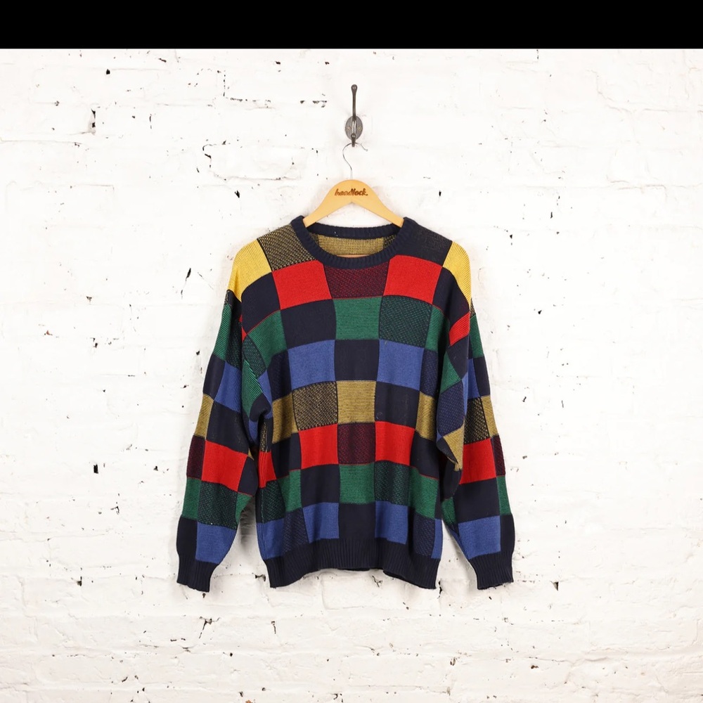 Vintage 90s Squares Pattern Knit Jumper Multicolor Checkered Crewneck